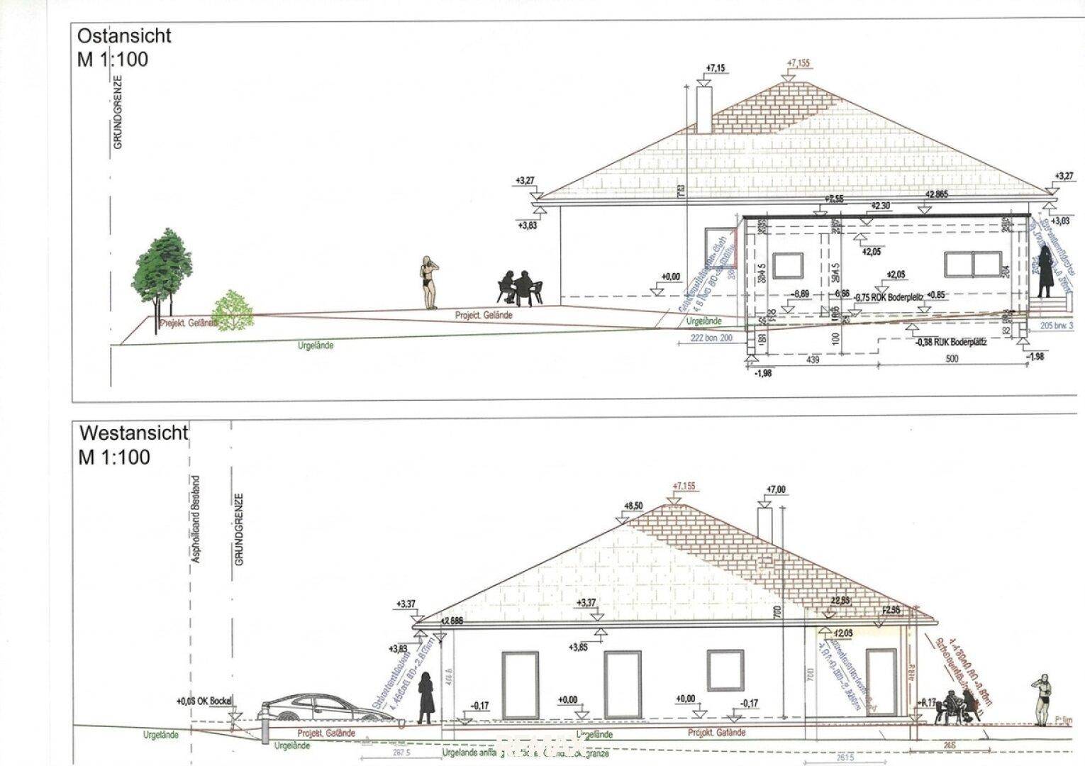 Ost- und Westansicht des Hauses mit Details zur Fassadengestaltung und Fensterplatzierung.