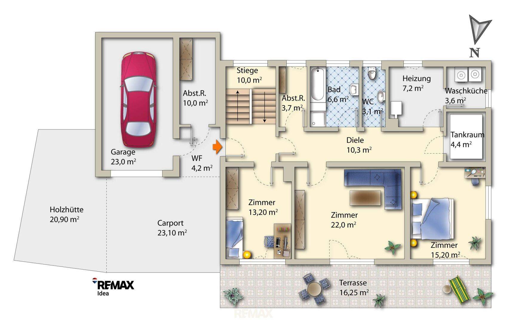 Grundriss des Erdgeschosses mit integrierter Garage, Carport, großer Terrasse und mehreren funktionalen Räumen.
