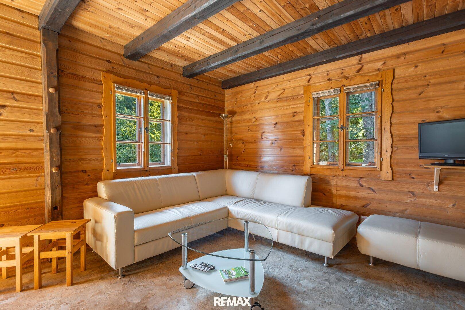 Gemütliches Wohnzimmer mit Holzwänden, bequemer Couch und Blick ins Grüne.