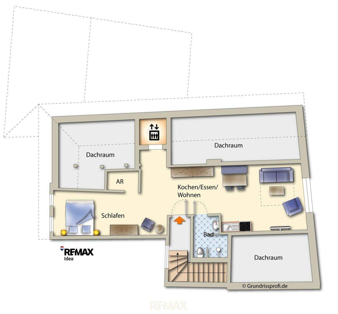 Grundriss des Dachgeschosses mit Wohn-, Ess- und Kochbereich sowie Schlafzimmer.