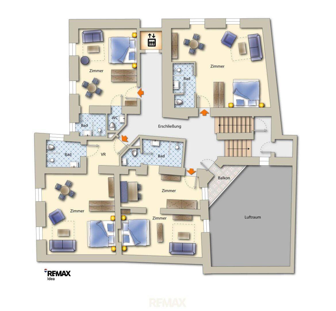 Grundriss des Obergeschosses mit Schlafzimmern, Bädern und einem Balkon.