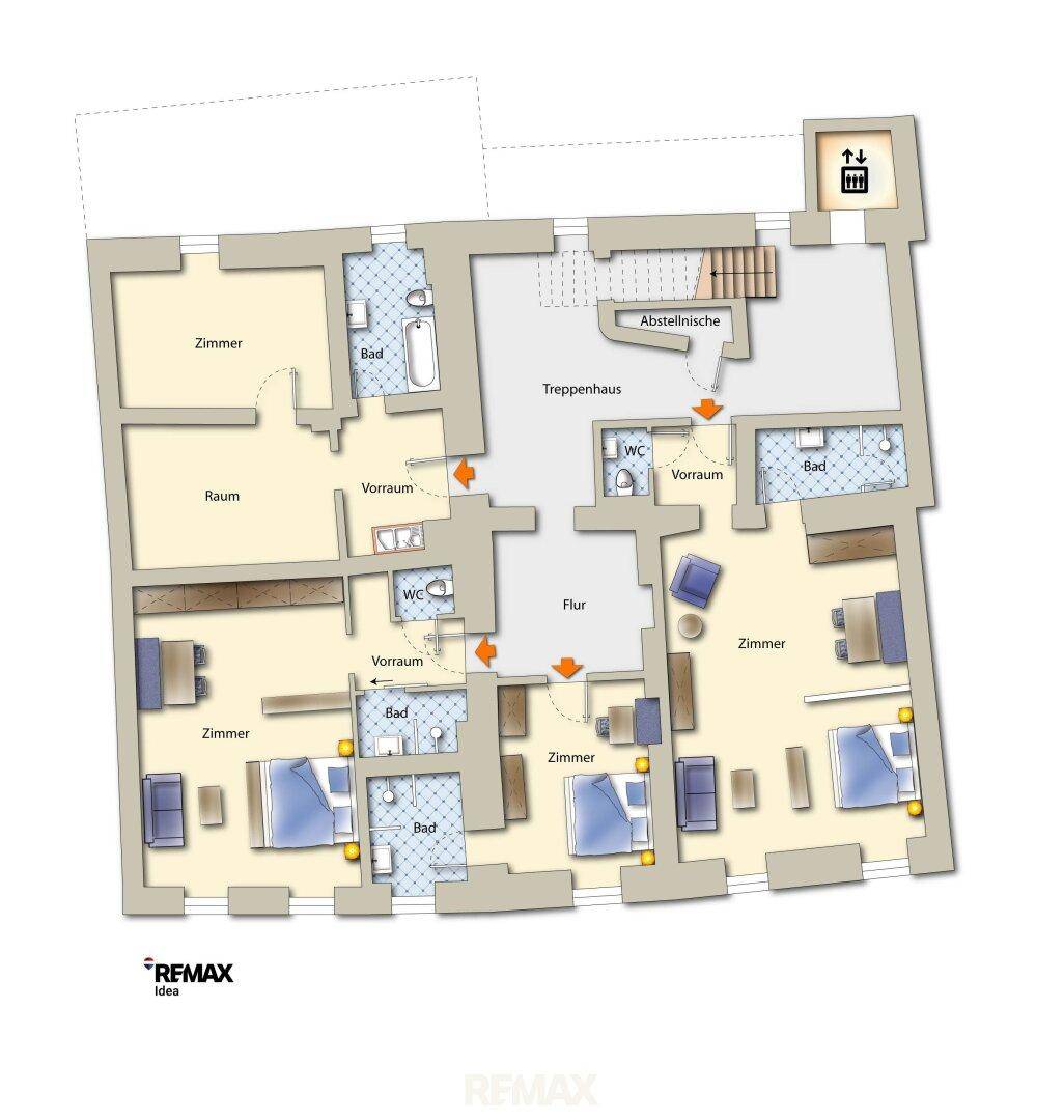 Grundriss einer Etage mit mehreren Zimmern, Bädern und Abstellnischen.