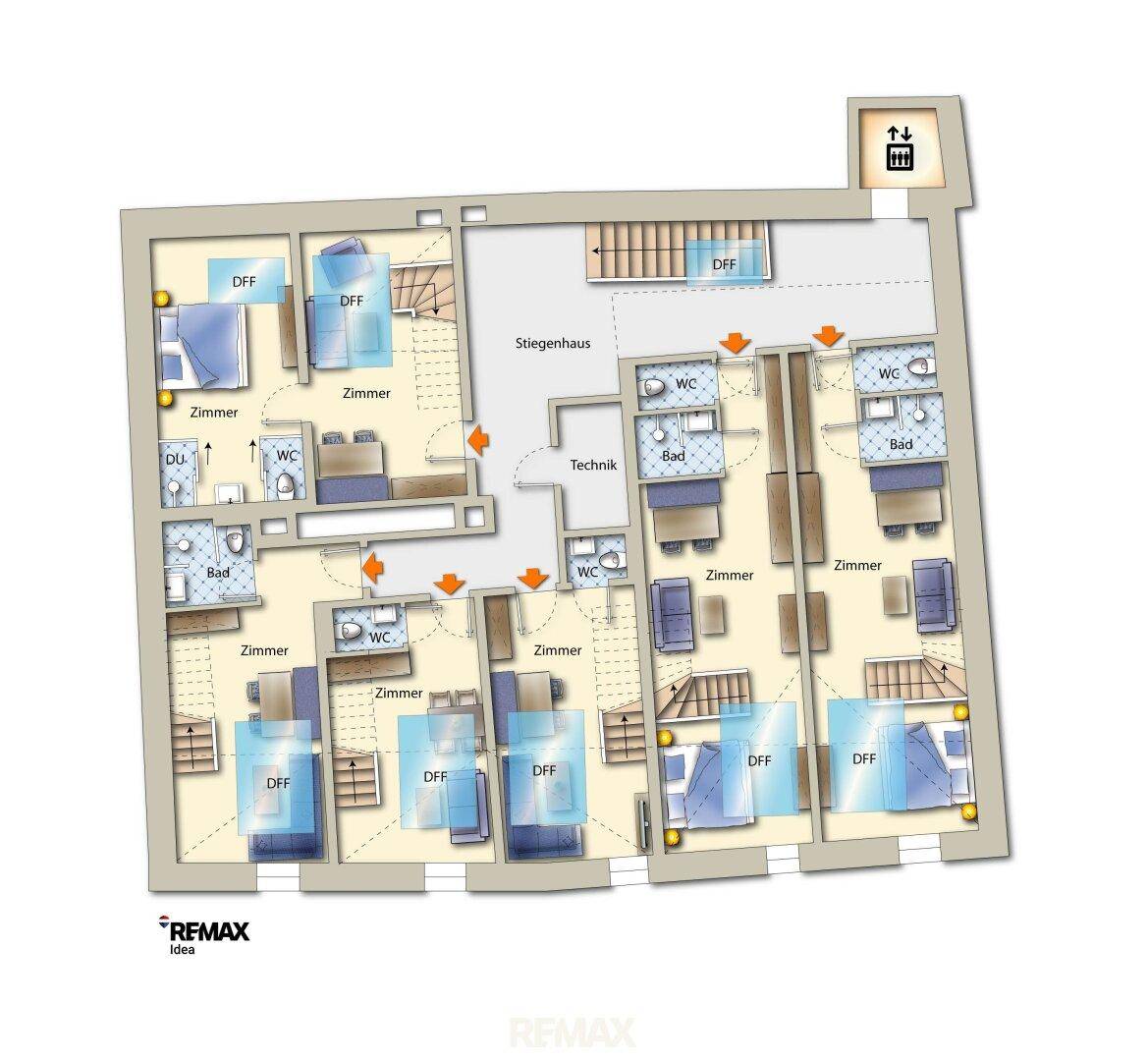 Grundriss einer weiteren Etage mit zahlreichen Zimmern, Bädern und Technikbereich.