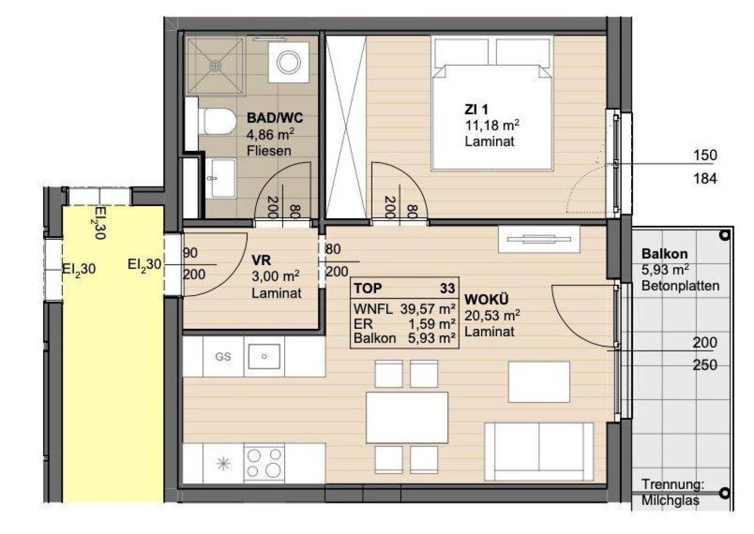 Grundriss einer Wohnung mit einem Schlafzimmer, Bad, offener Wohnküche und Balkon.