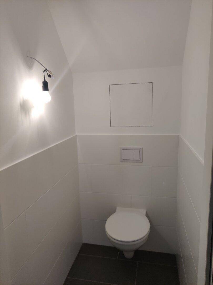 Modernes Gäste-WC mit Wand-WC und dunklen Fliesen auf dem Boden.