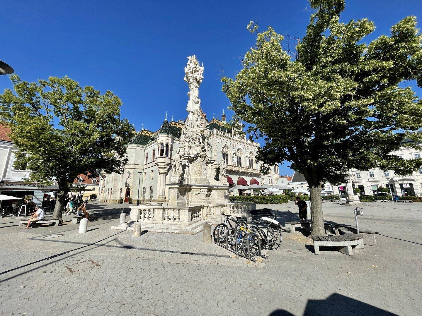 Historischer Stadtplatz mit einer Mariensäule, Bäumen und Gebäuden unter blauem Himmel.