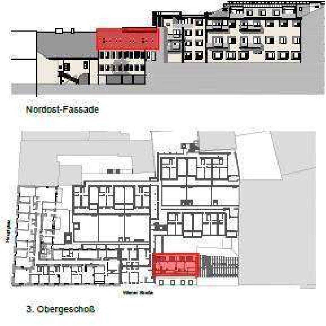 Architektonische Zeichnung mit Nordost-Fassade und Grundriss des 3. Obergeschosses.
