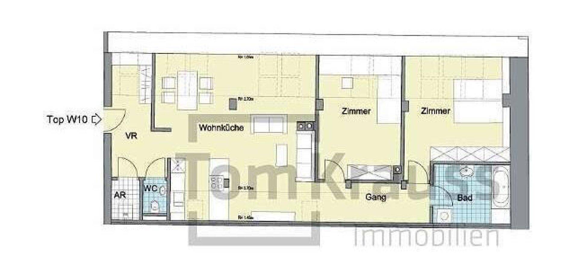 Detaillierter Grundriss der Wohnung W10 mit Wohnküche, Zimmern und Bad.