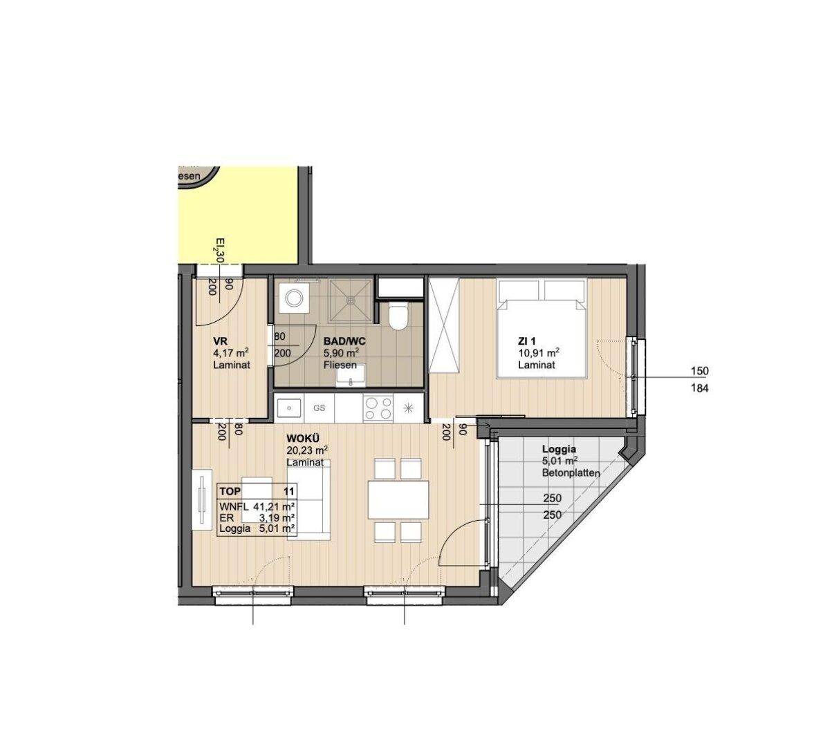 Grundriss einer Wohnung mit offener Wohnküche, Schlafzimmer, Bad und Loggia.