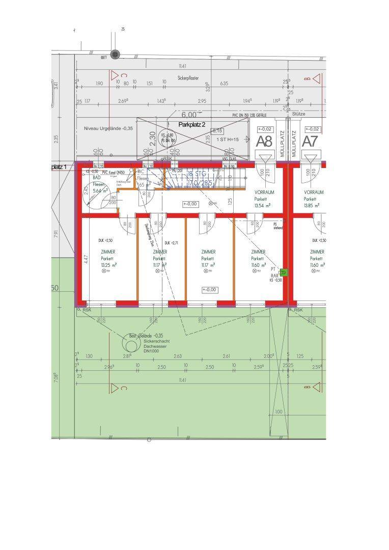 Grundrissplan mit mehreren Zimmern, Bad und Parkplatzbereich.