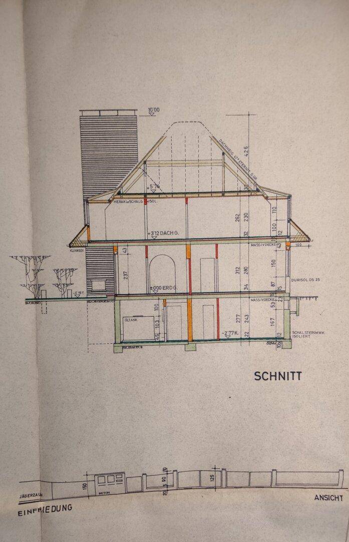 Architektonischer Schnitt durch das Gebäude zeigt die Geschosse und Dachkonstruktion.