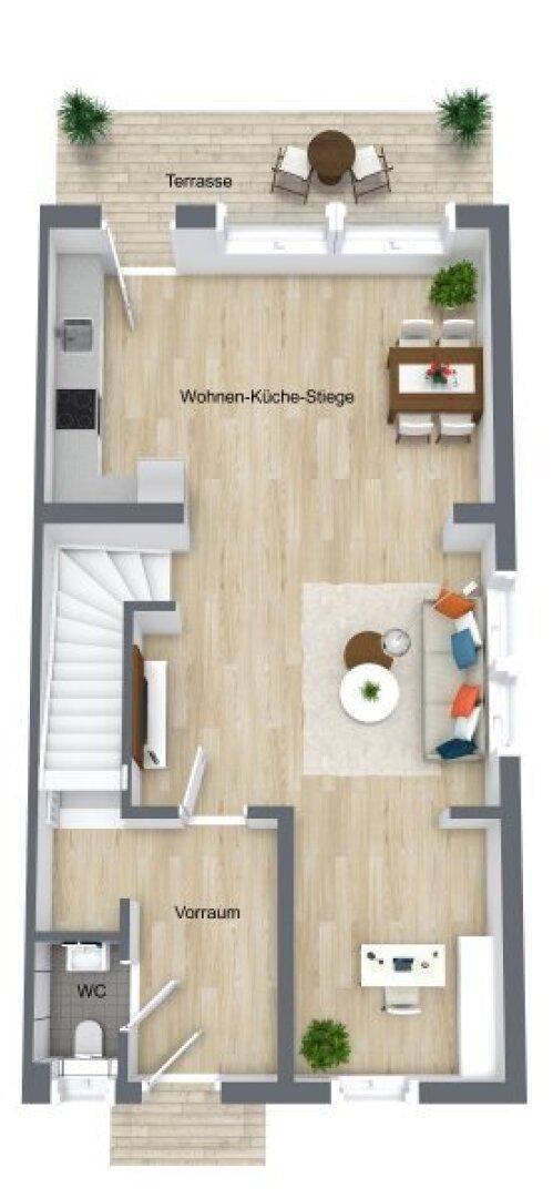 Grundriss des Erdgeschosses mit offener Wohnküche, Vorraum und Terrasse.