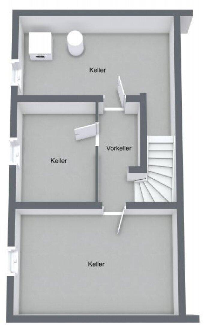 Grundriss des Kellers mit mehreren Abstellräumen und Treppenzugang.