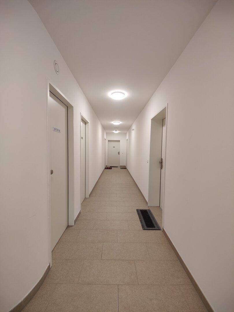 Langer, heller Flur mit mehreren Wohnungstüren und Fliesenboden.