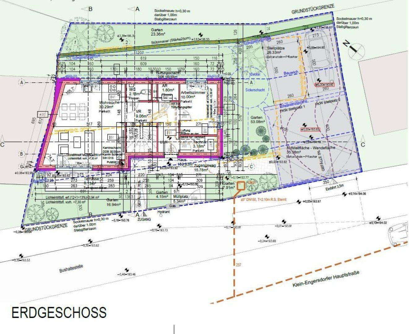 Grundriss des Erdgeschosses mit offenem Wohnbereich, Garten und Terrasse.