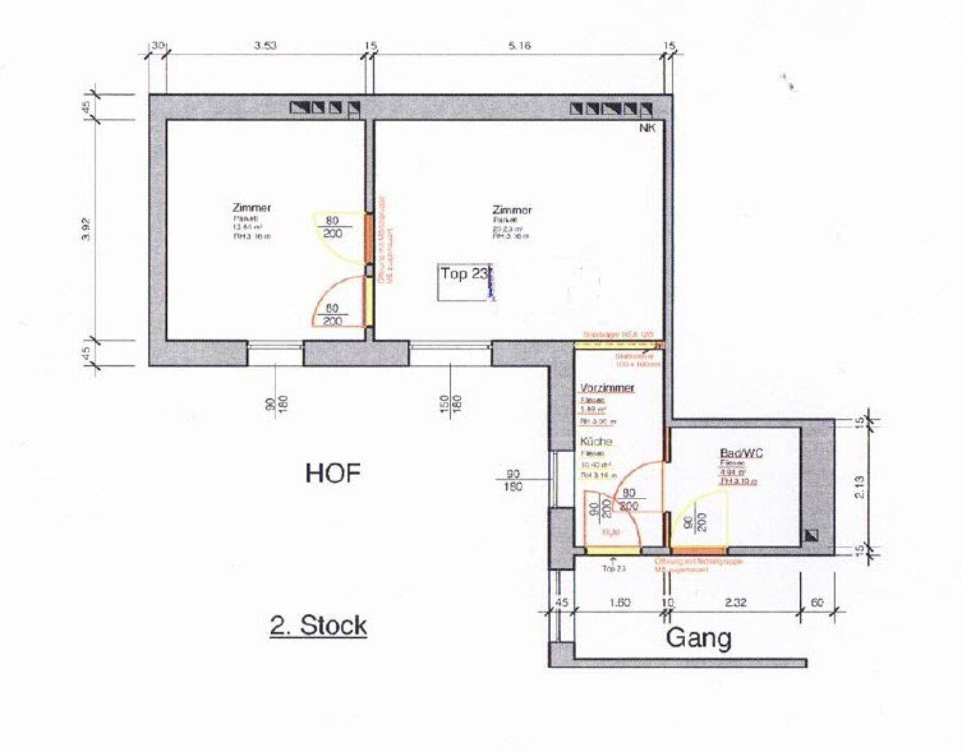 Detaillierter Grundriss einer Wohnung im 2. Stock mit Zimmern und Bad/WC.