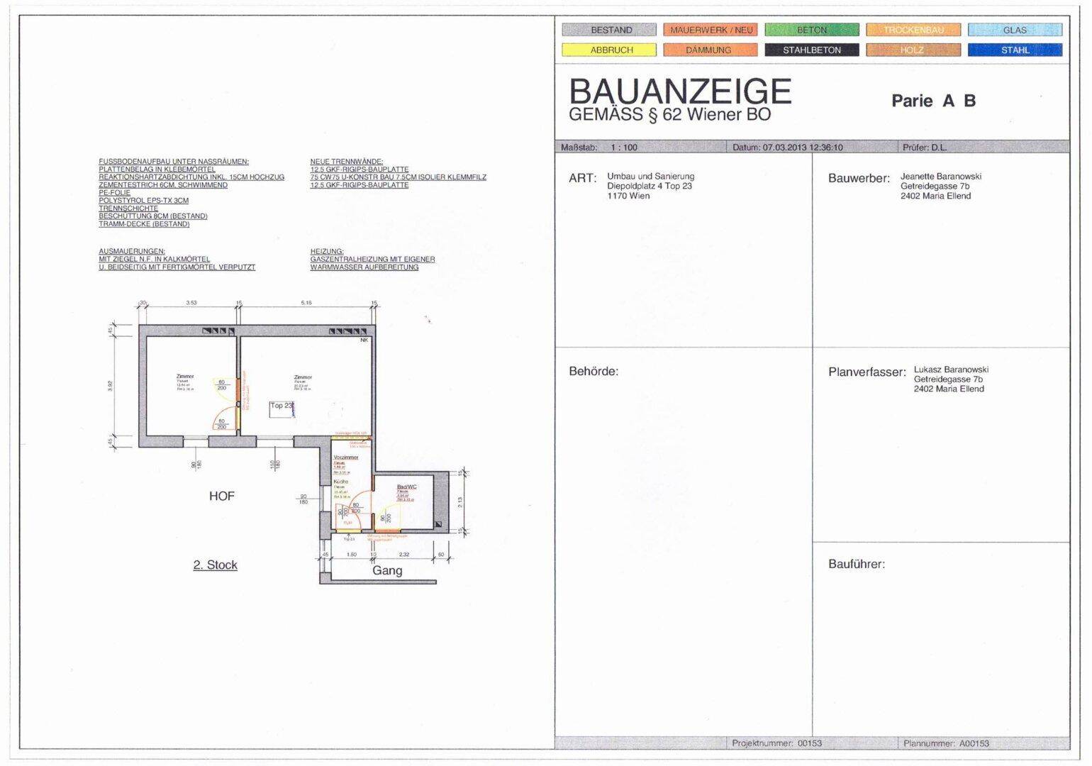 Bauanzeige und Grundrissplan für eine Wohnung im 2. Stock.