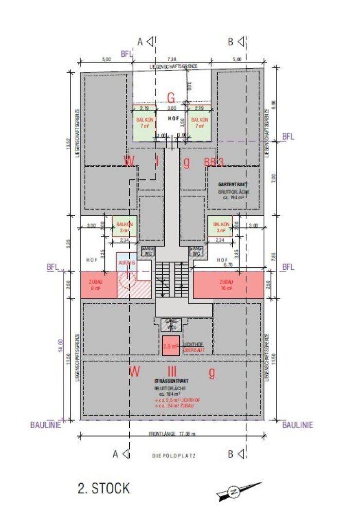 Grundriss des 2. Stocks mit mehreren Wohneinheiten und Balkonen zum Hof.