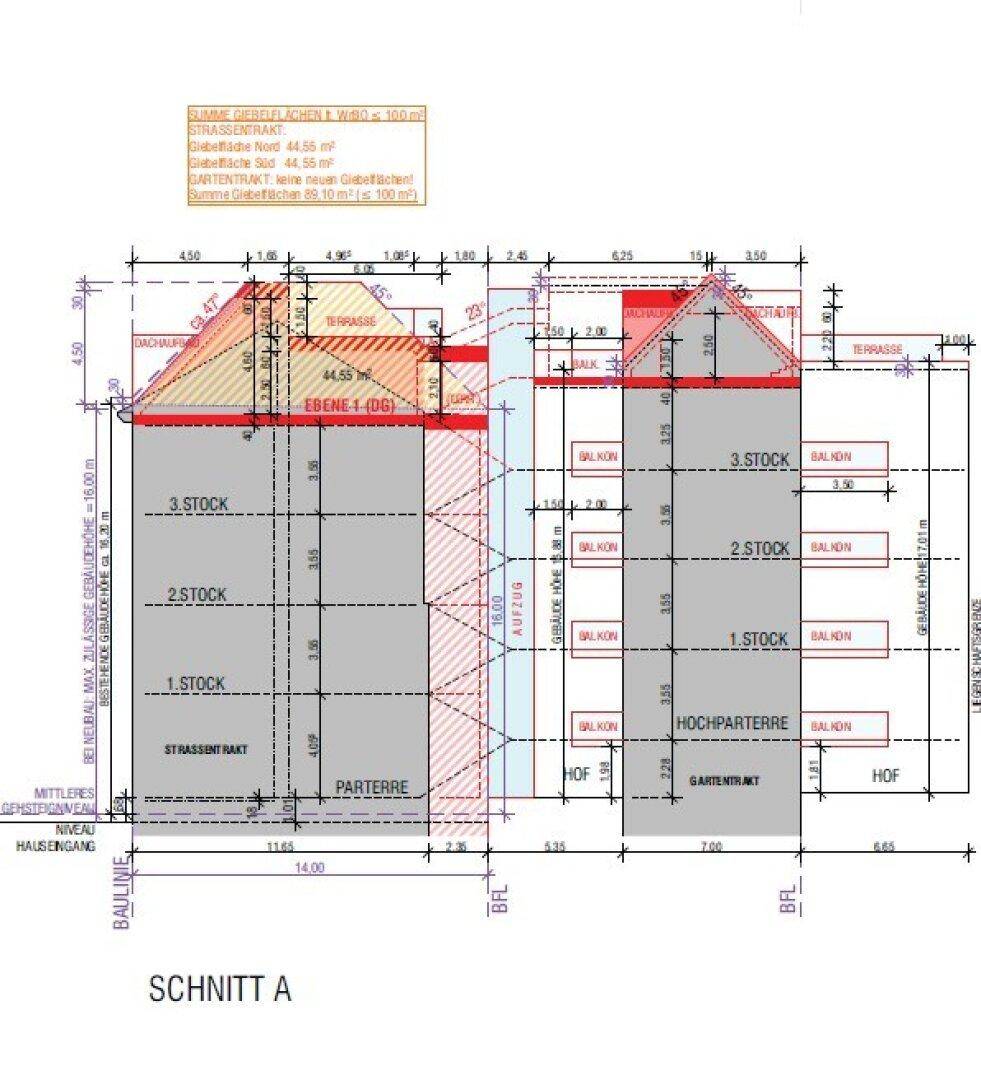 Schnittzeichnung des Gebäudes mit verschiedenen Stockwerken und Dachschrägen.