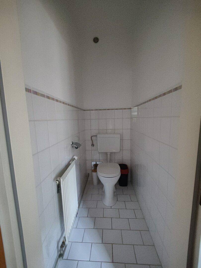 Schmale separate Toilette mit weißen Fliesen und Heizkörper.