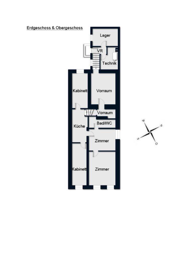 Grundriss des Erd- und Obergeschosses mit mehreren Zimmern und Bad/WC.