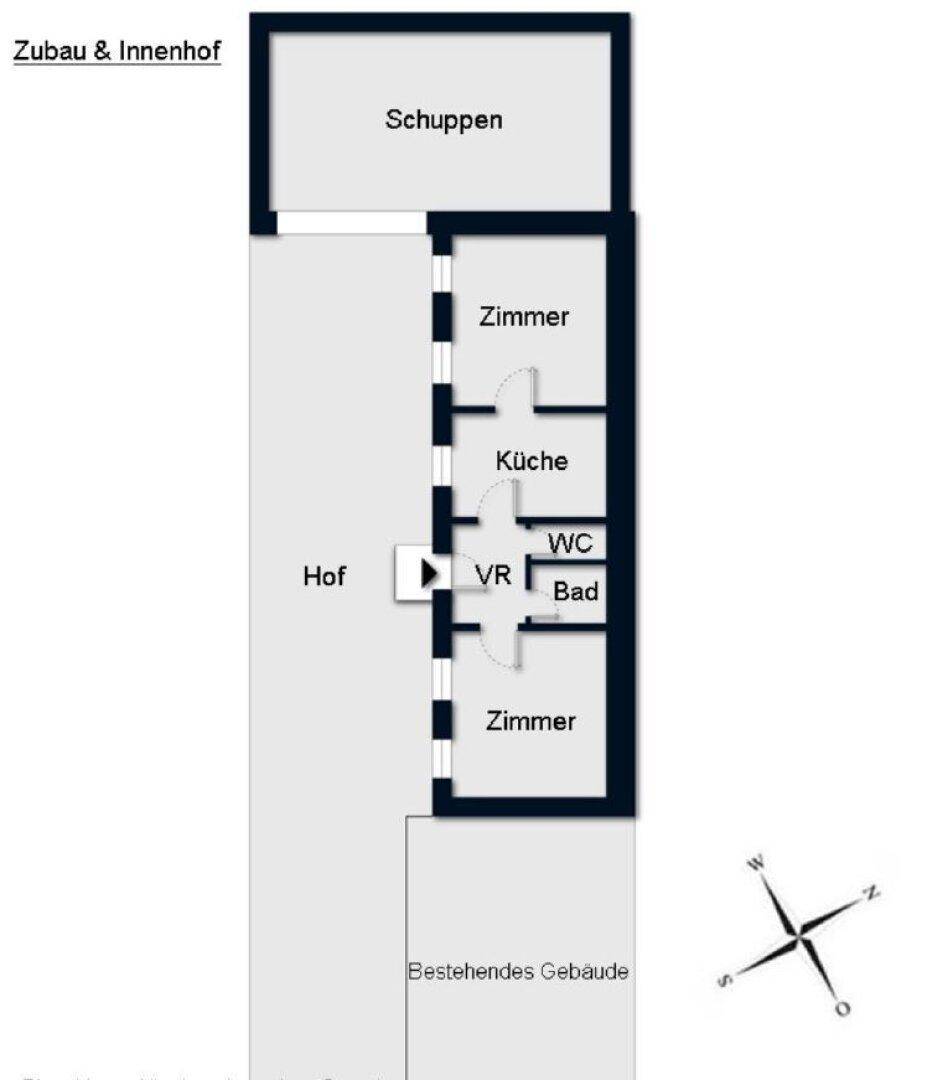 Grundriss des Zubaus und Innenhofs mit Schuppen, Zimmern und Bad/WC.