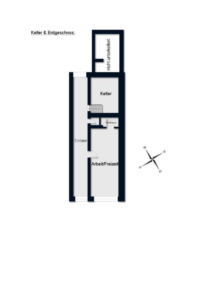 Grundriss von Keller und Erdgeschoss mit Arbeits-/Freizeitbereich und Keller.