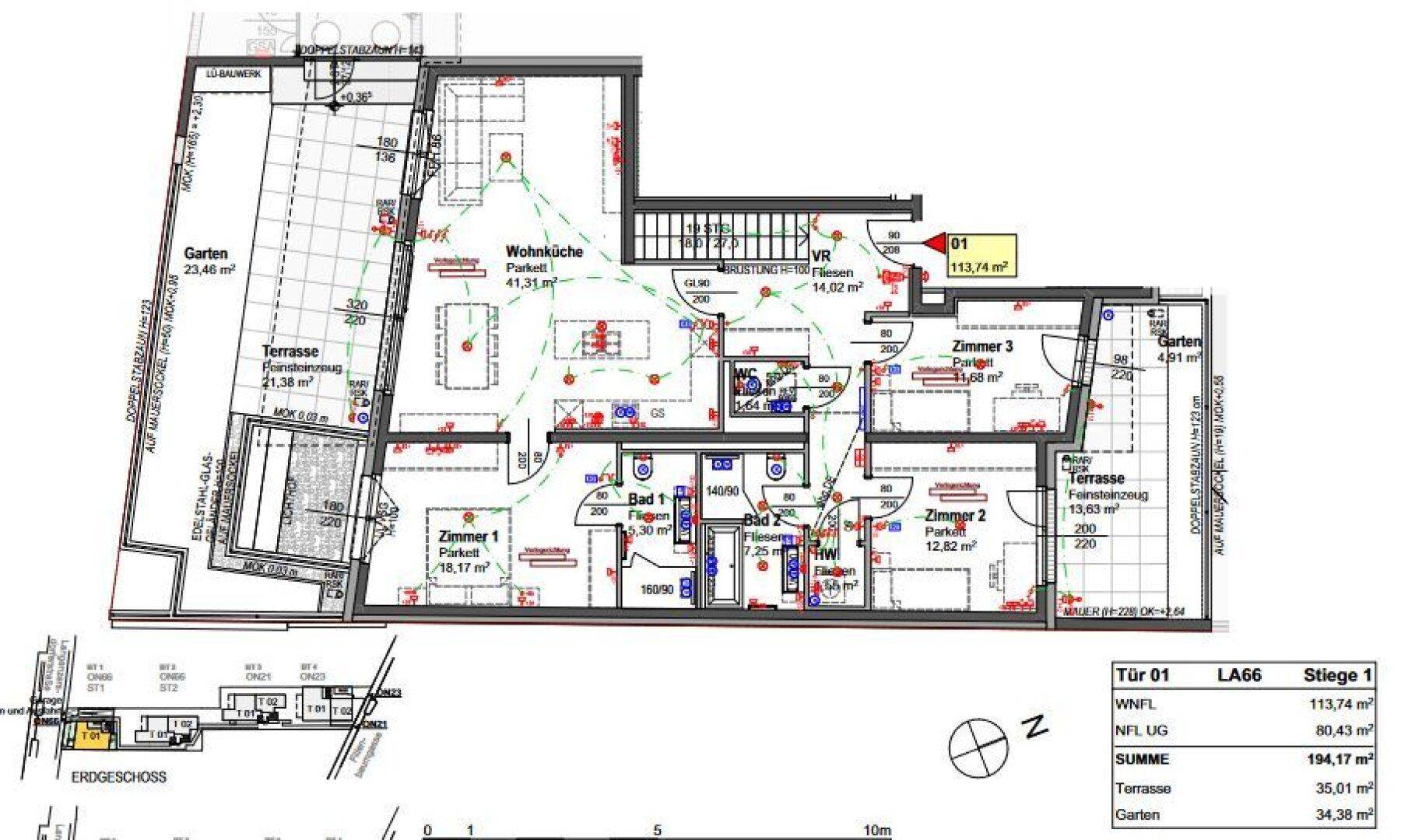 Detaillierter Grundriss einer Wohnung mit offener Wohnküche, drei Zimmern, zwei Bädern, Terrasse und Garten.