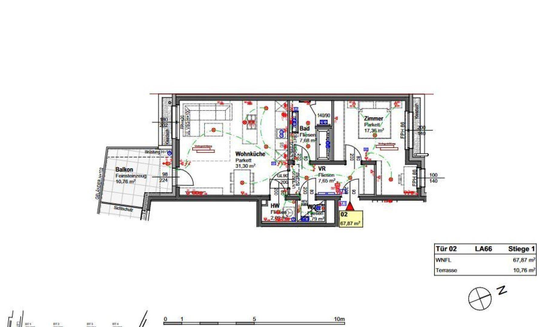 Grundriss einer Wohnung mit offener Wohnküche, Bad, Zimmer und Balkon.