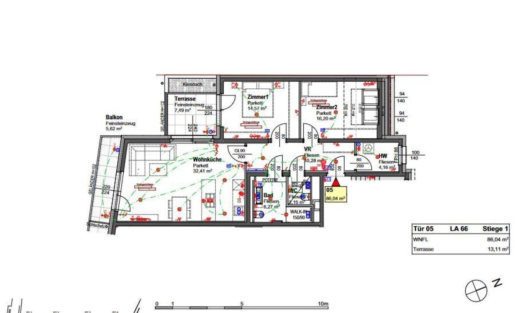 Grundriss einer Wohnung mit offener Wohnküche, zwei Zimmern, Bad, WC, Balkon und Terrasse.