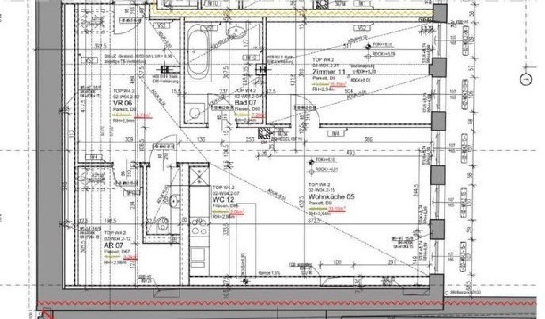Detaillierter Grundriss einer Wohnung mit Bad, WC und Wohnbereich, inklusive Maßen.