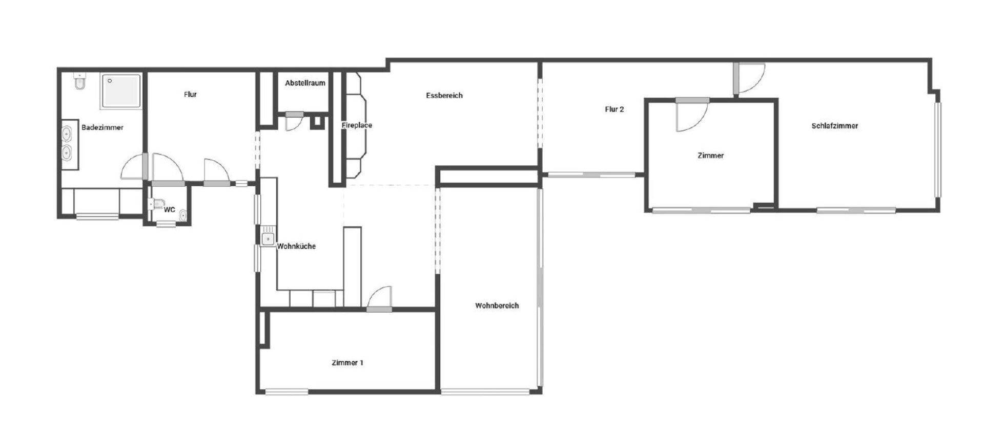 Grundriss des Hauses mit verschiedenen Zimmern, Bad, WC und Abstellraum.