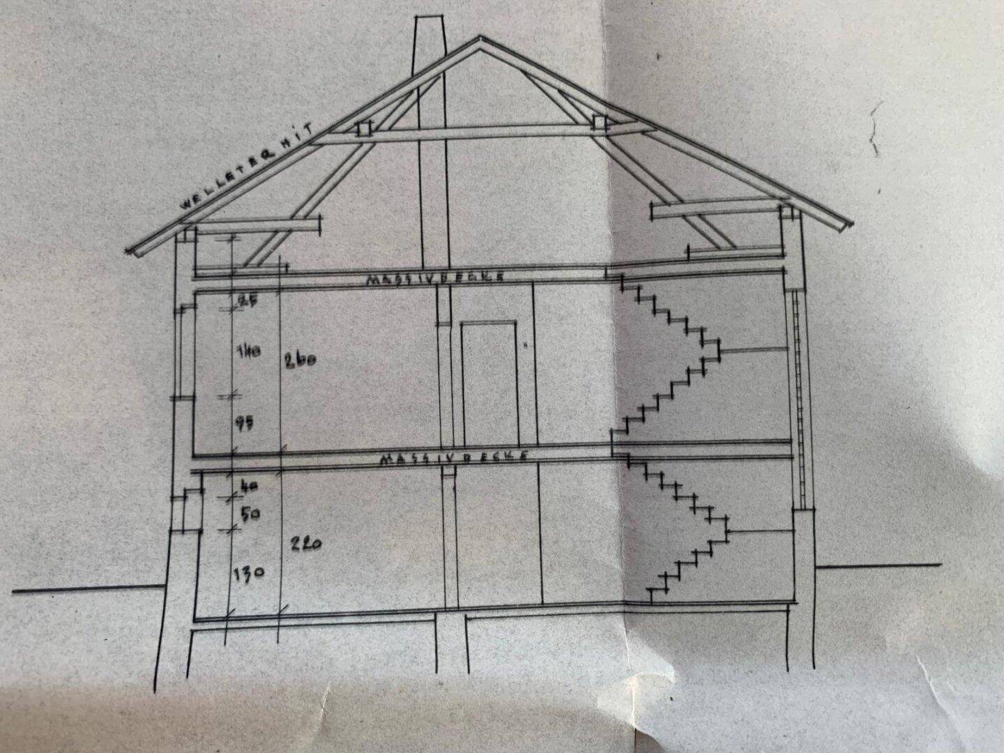 Schnittzeichnung des Gebäudes mit Massivdecken und Dachstuhlkonstruktion.
