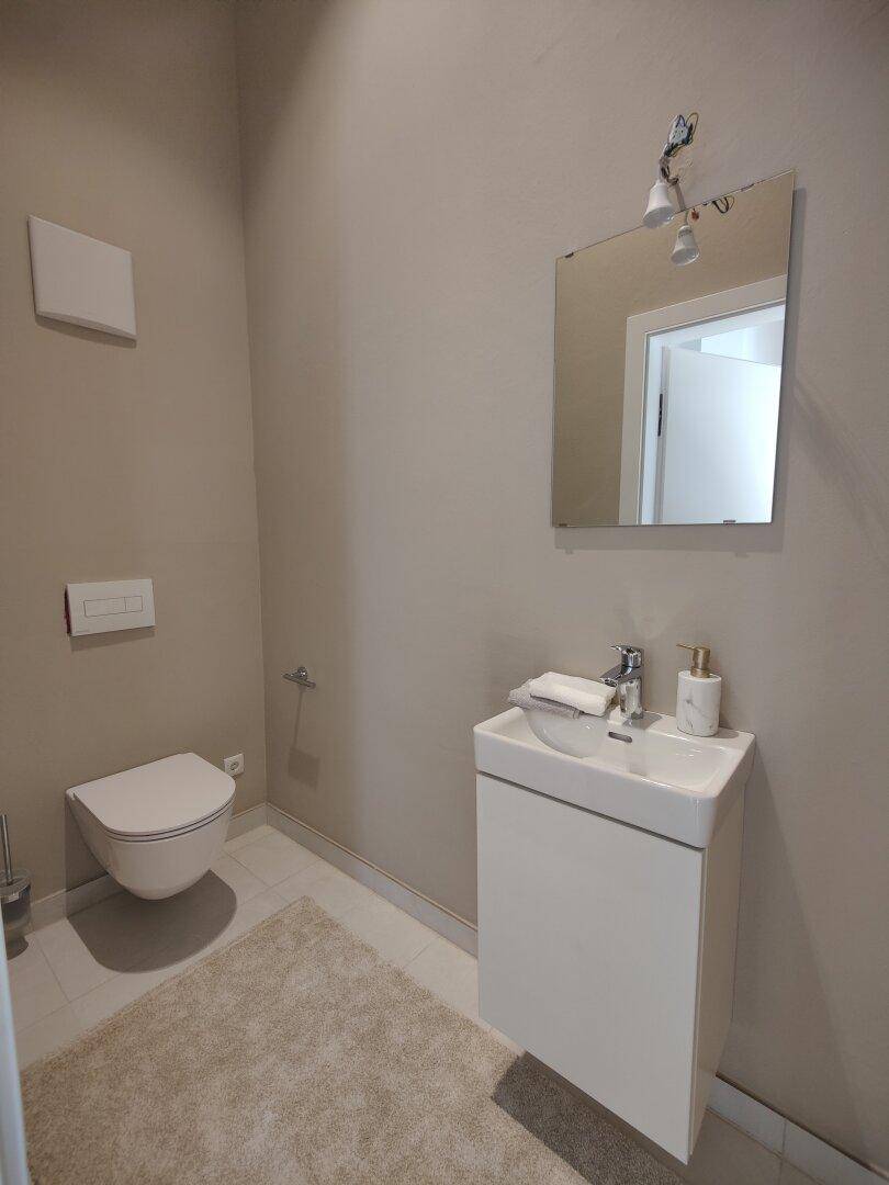 Modernes Gäste-WC mit wandhängender Toilette und kleinem Waschbecken.