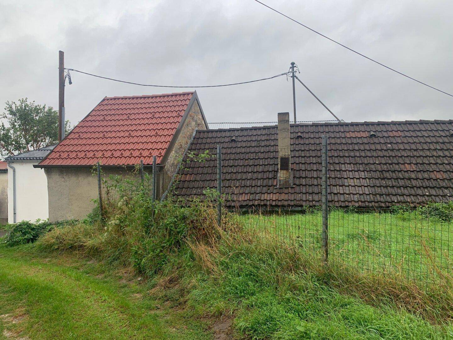 Blick über einen Zaun auf die Dächer mehrerer alter Gebäude und eine grüne, verwilderte Fläche unter grauem Himmel.