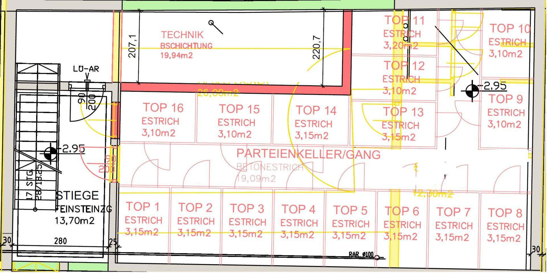 Grundriss des Kellergeschosses mit Abstellräumen und Technikbereich.