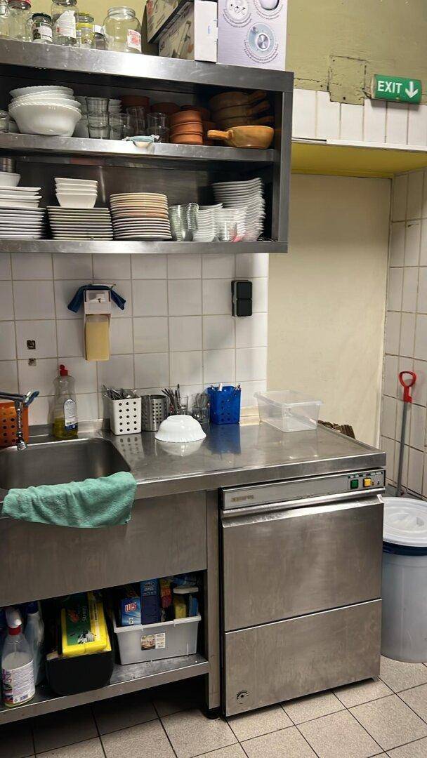 Professionelle Edelstahlküche mit Spülbereich, Geschirrspüler und Ablageflächen für den Gastronomiebetrieb.