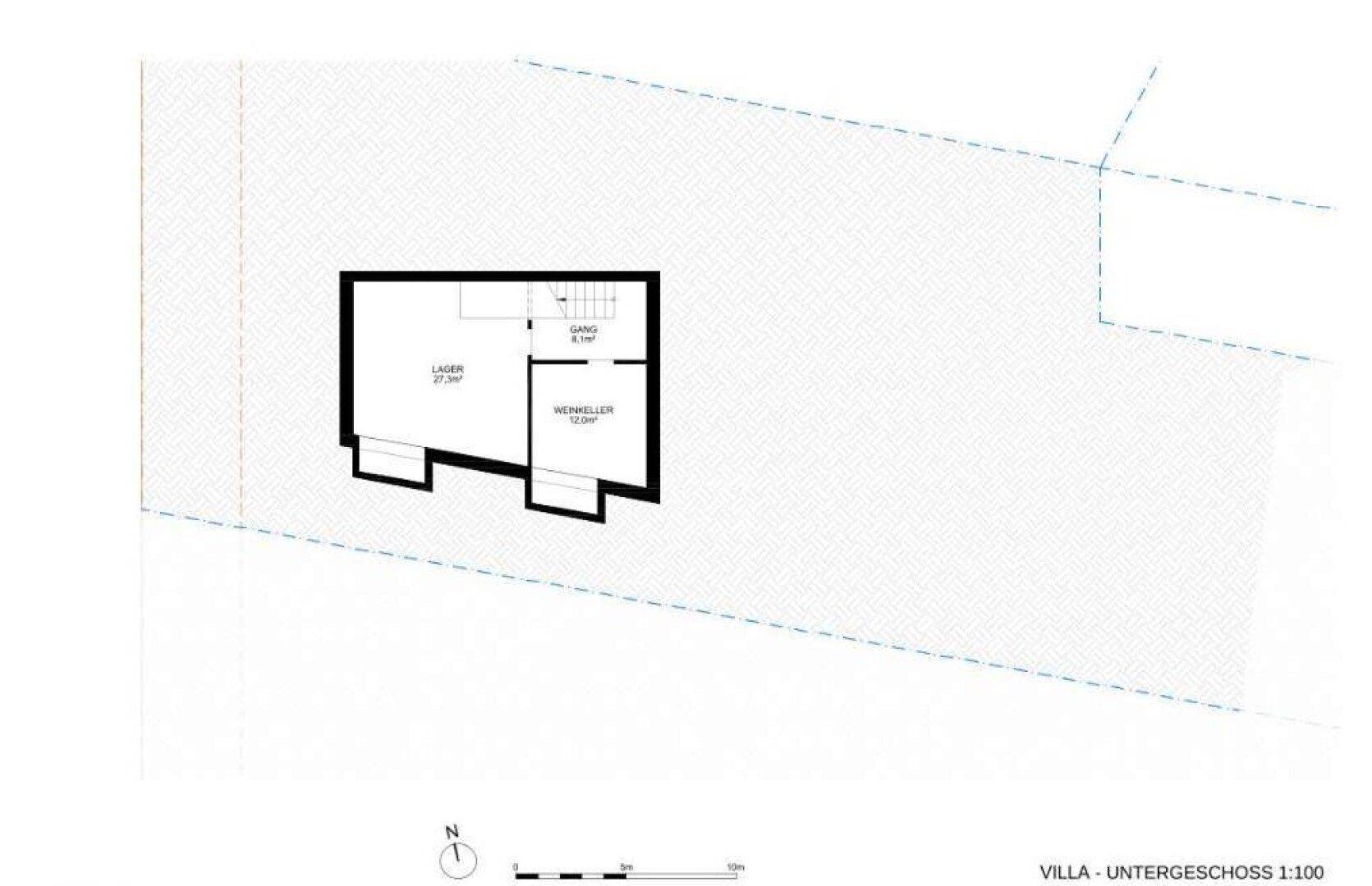 Grundriss des Untergeschosses der Villa mit Lagerraum und Weinkeller.
