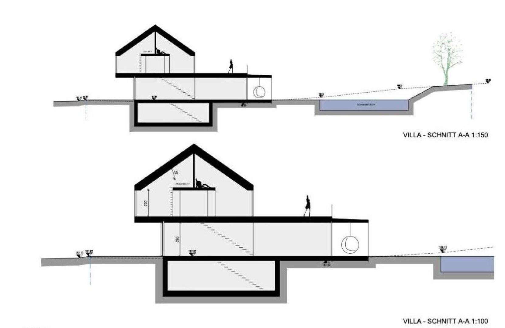 Architektonische Schnitte der Villa, die die verschiedenen Ebenen und den Poolbereich zeigen.
