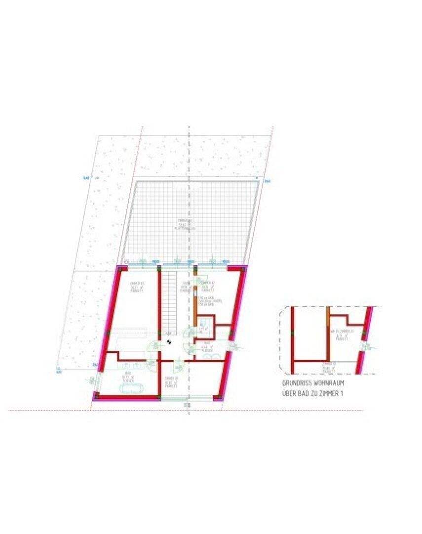 Grundriss eines Obergeschosses mit Treppenaufgang und angrenzenden Räumen.