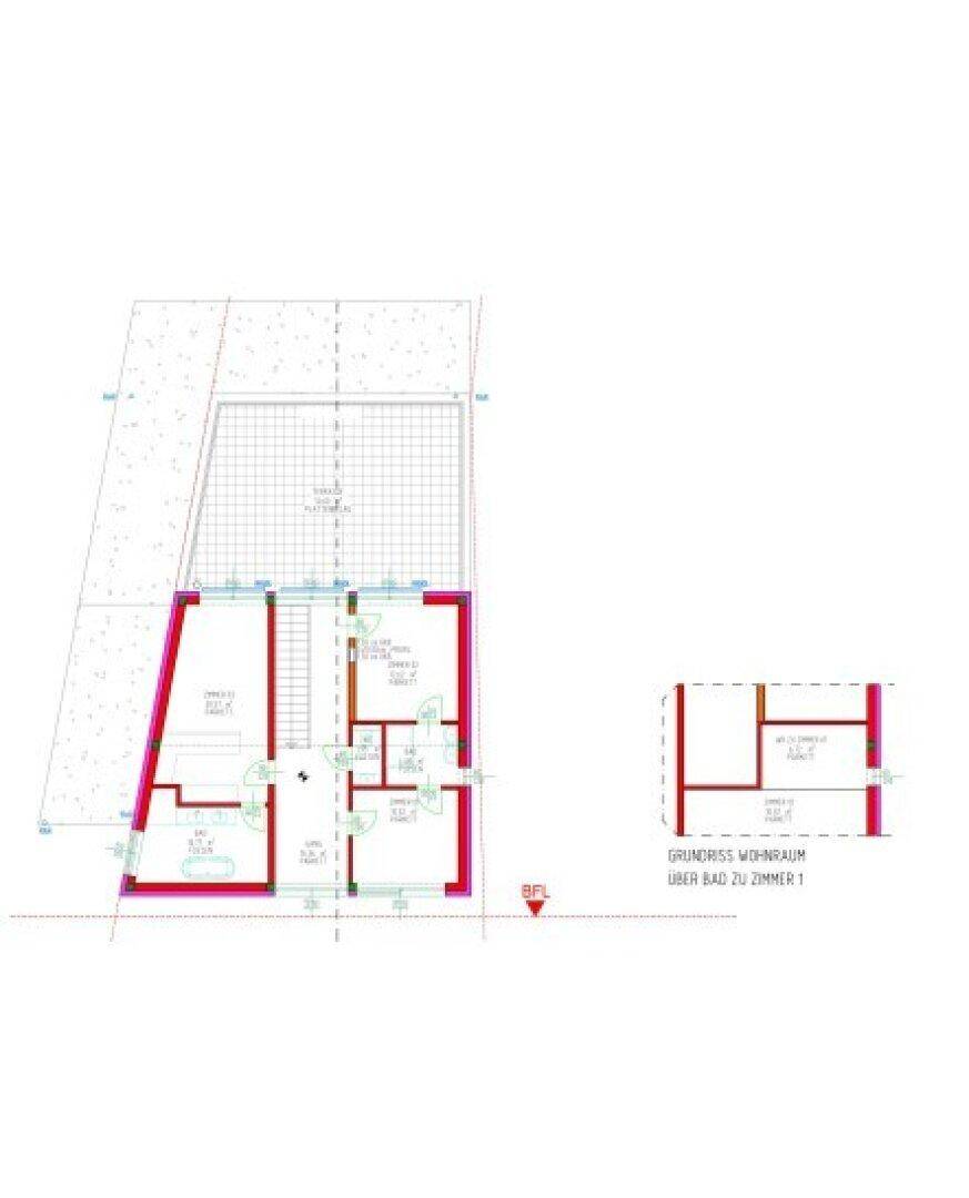 Grundriss des Obergeschosses mit Schlafzimmern, Badezimmern und Zugang zu einem Balkon.