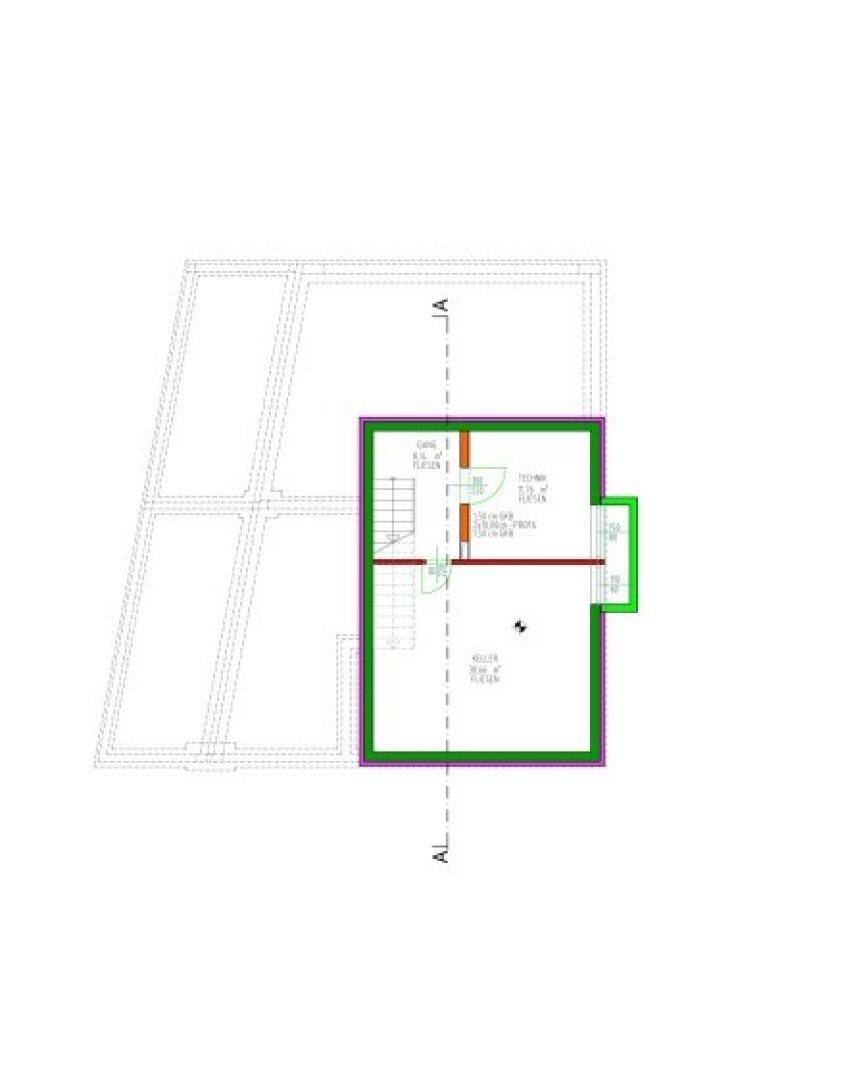 Grundriss des Kellergeschosses mit Abstellraum und Technikbereich für das Gebäude.