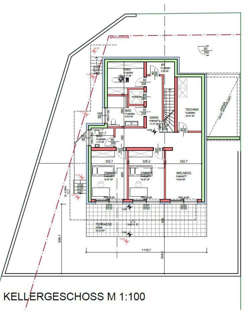 Grundriss des Kellergeschosses mit Technikraum, Zimmern und Wellnessbereich.