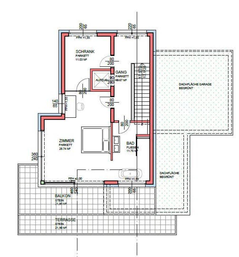 Grundriss des Obergeschosses mit Schlafzimmer, Bad, Schrankraum und Balkon.