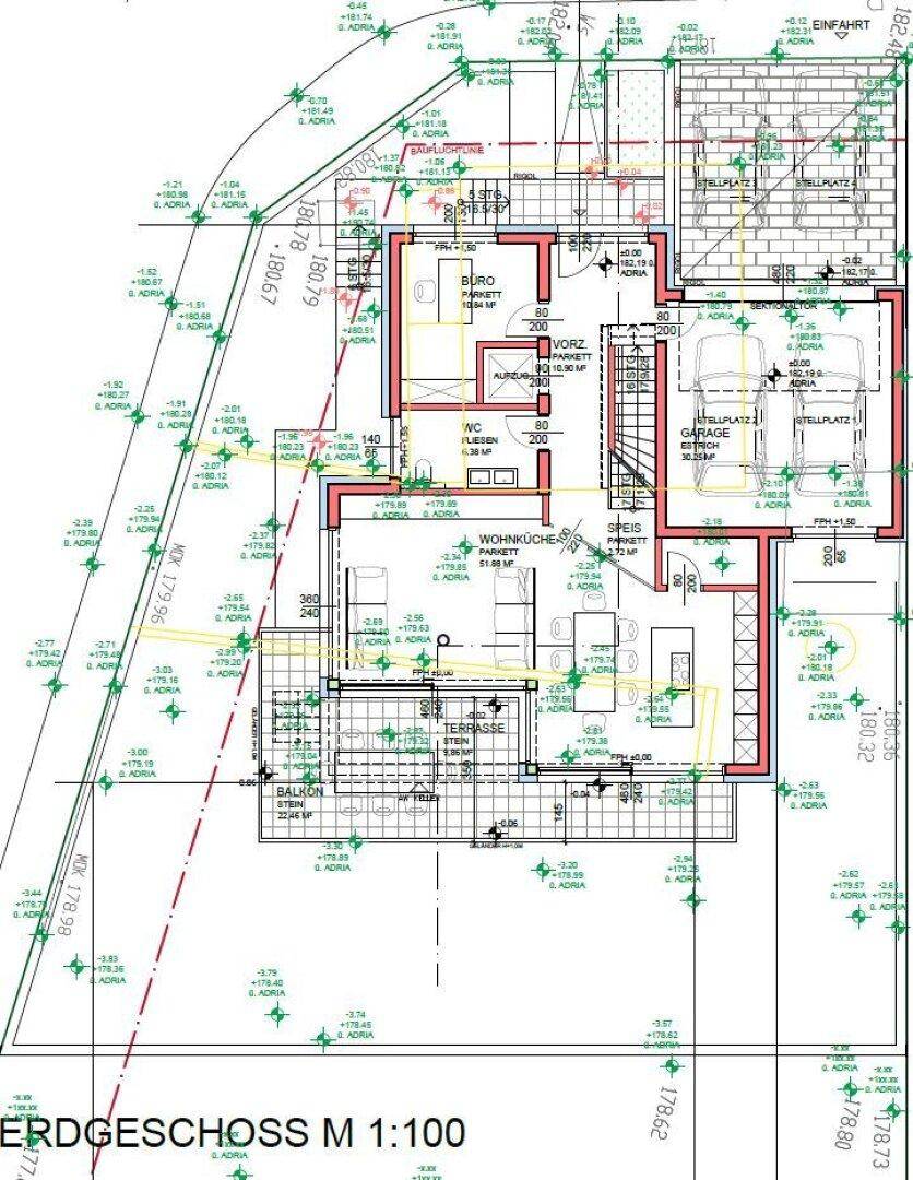 Grundriss des Erdgeschosses mit Wohnküche, Büro, Terrasse und Garage.