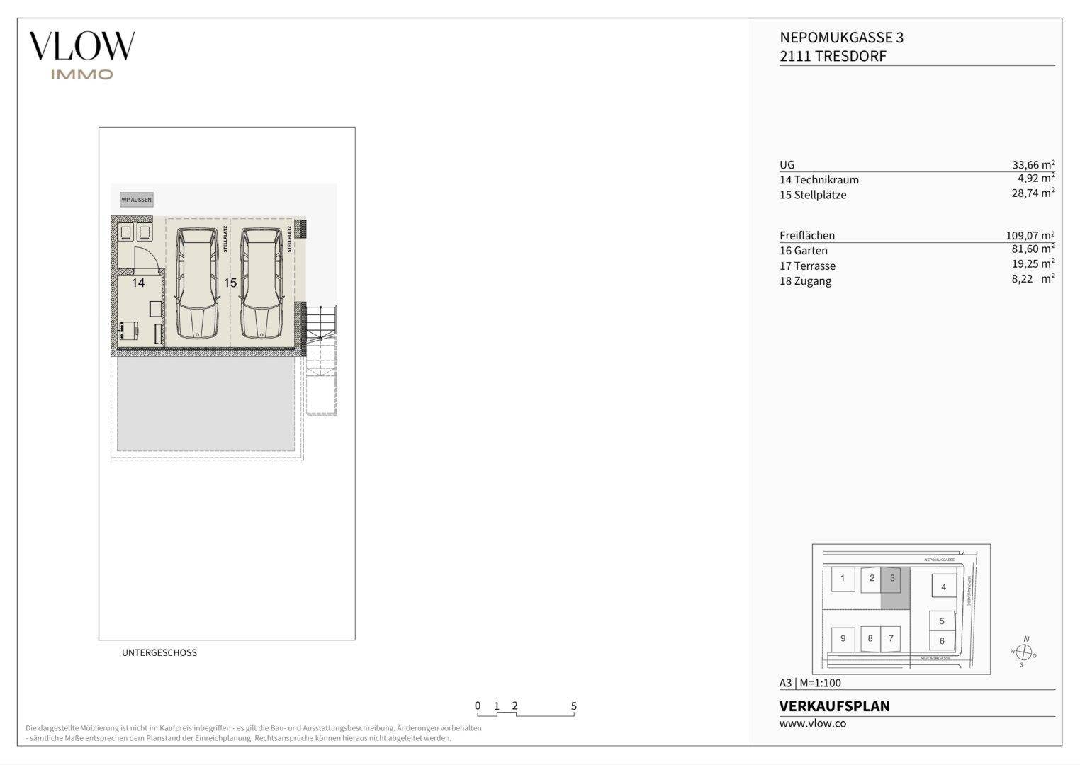 Grundriss des Untergeschosses mit Technikraum und zwei Stellplätzen.