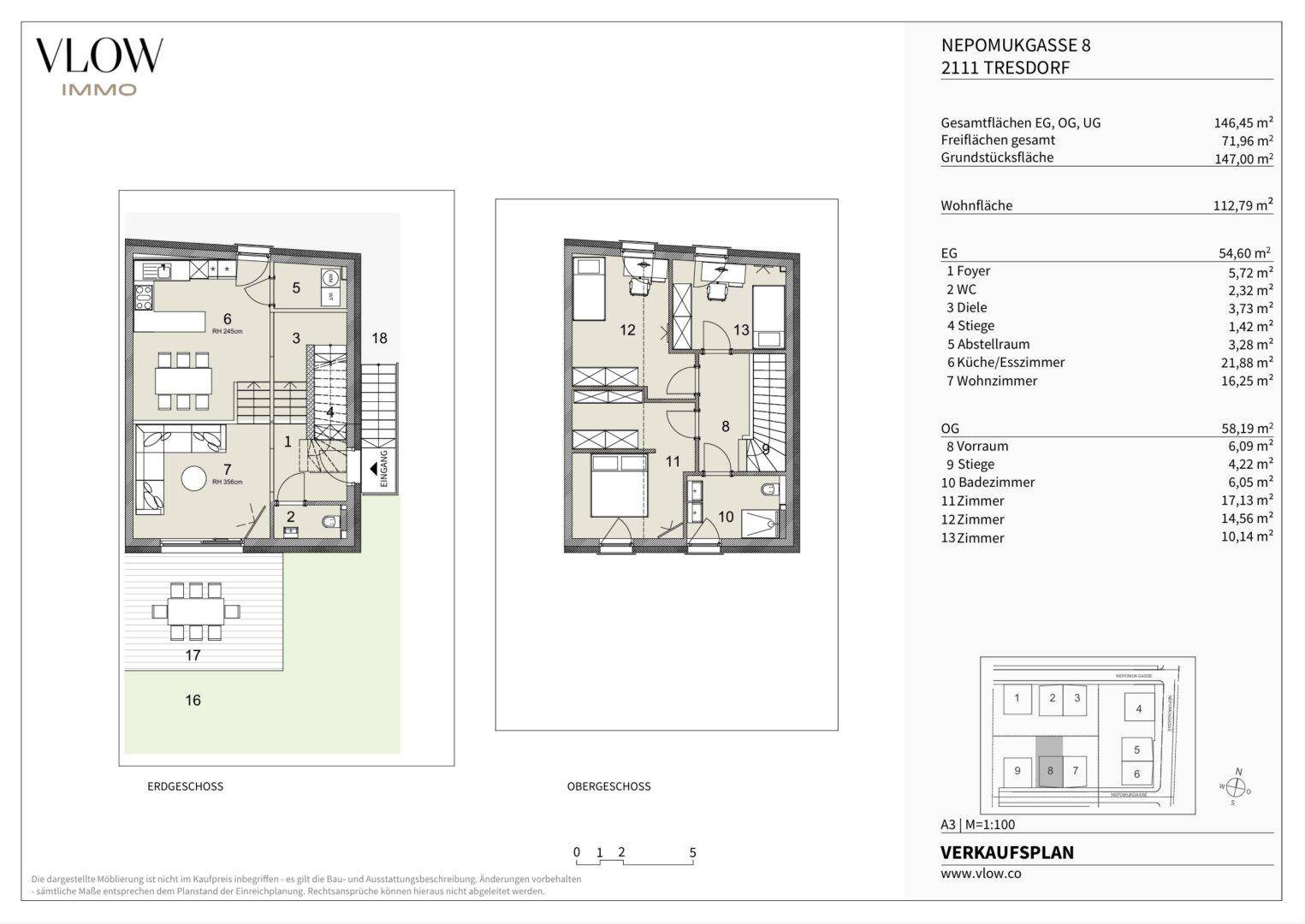 Grundriss des Erd- und Obergeschosses mit offenem Wohnbereich, Garten und Terrasse.