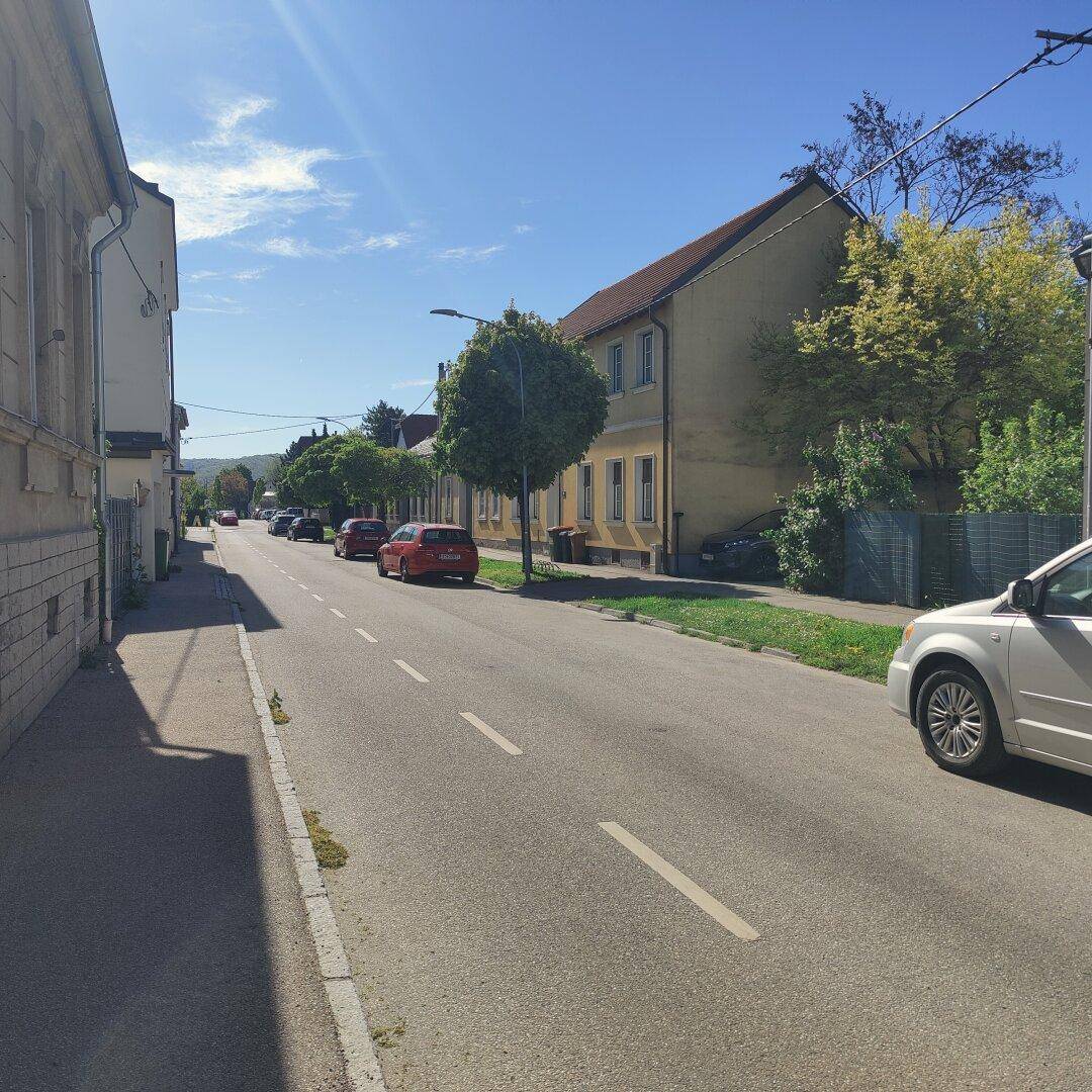 Ruhige Wohnstraße mit parkenden Fahrzeugen, Bäumen und traditionellen Gebäuden unter blauem Himmel.