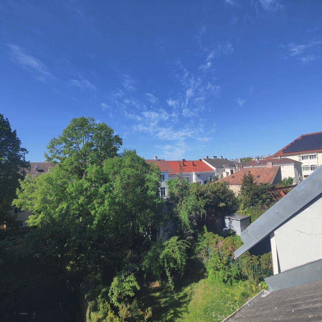 Weitblick über Dächer, grüne Bäume und die Stadt unter einem klaren, blauen Himmel.