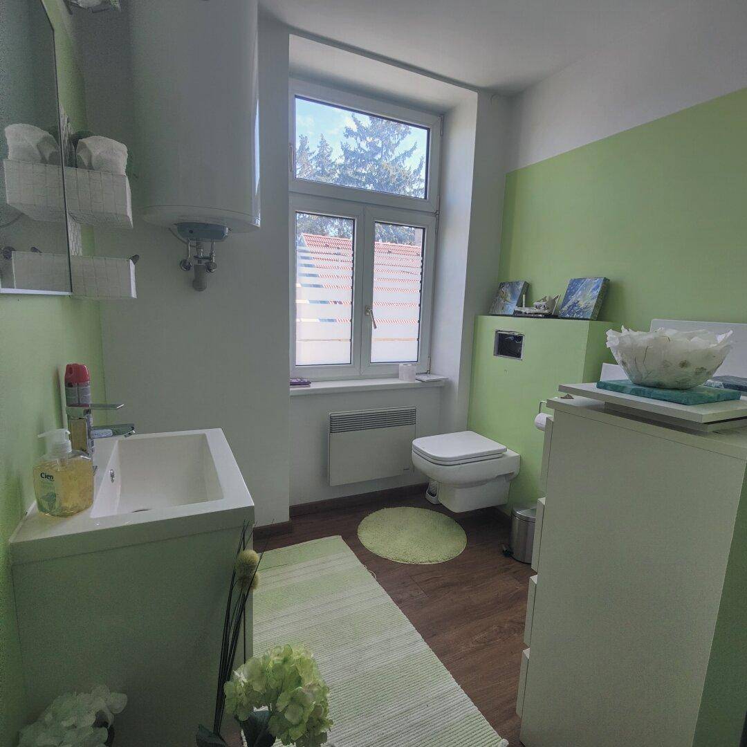 Modernes Badezimmer mit grünen Wänden, Waschbecken, WC und Fenster, ausgestattet mit Boiler.